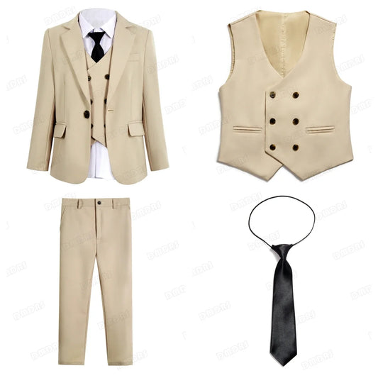 Champagne Solid Suit Set for Kids for Wedding Party, Graduation, Communion, Back-to-School  Chidren Tuxedo Set 4 Pcs Suits