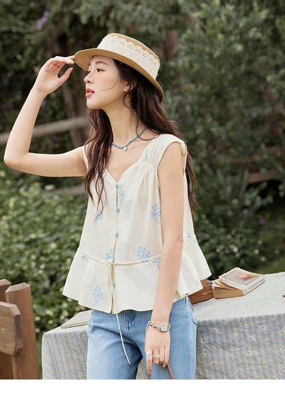 Print French Summer Shirts for Women New 2025 Sleeveless V-neck Blue Flower Cotton Blouses Female Fashion Tops MXE32X1777