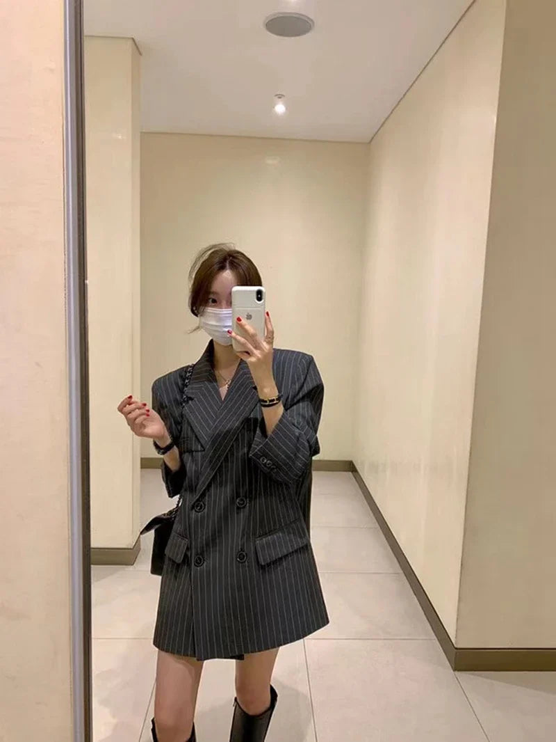 Ele Stripe Loose Faionable Suit Jaet with Belt Hong Kong Sle Retro Chic Top Women's Busin Casual Outerwear