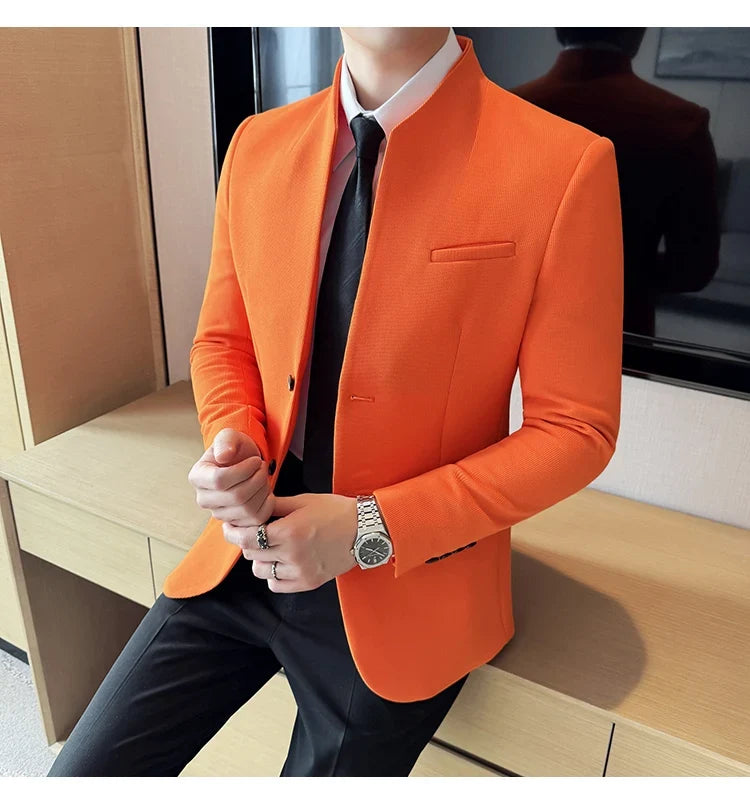 New Waffle Chinese Stand-Up Collar Blazers Men Slim Fit Business Casual Fashion Suits Jacket Formal Social Prom Party Tuxedos