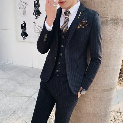 (Blazer+Vest+Pants) 2024 New Striped  Wedding Suits  for Men Three Piece Business Casual Party Multi-Occasion Slim Dress