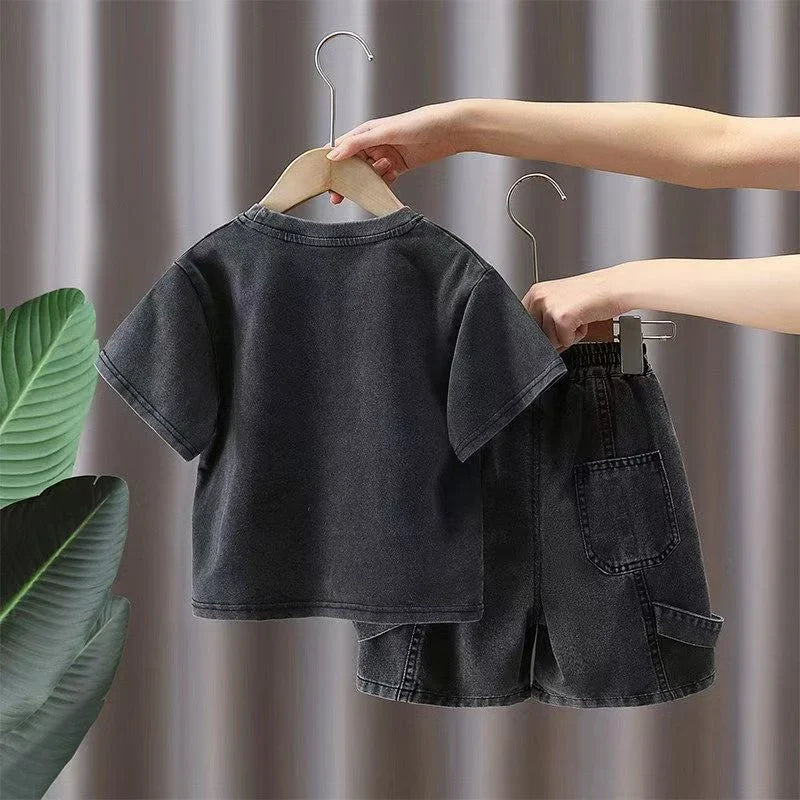 Toddler Boys 2Pcs Summer Outfits Letter Short Sleeve T-Shirt Washed Denim Shorts Set Kids Boys Casual Streetwear Clothes 2-6Year