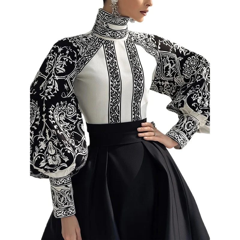 Modigirl Vintage Court Style Black and White Floral Print Blouse Women 2026 Spring Summer High Neck Puff Sleeve Elegant Shirt