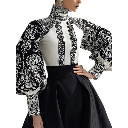 Modigirl Vintage Court Style Black and White Floral Print Blouse Women 2026 Spring Summer High Neck Puff Sleeve Elegant Shirt
