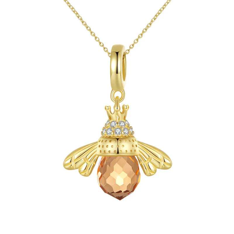 925 Sterling Silver Lovely Orange Bee Insect Pendant Necklace for Women 14K Gold Plated Jewelry Birthday Gift 2 Colors
