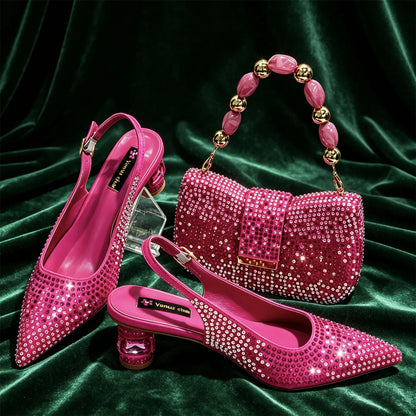 Emerald Green Rhinestone Heels & Bag Set Crystal Slingback Pumps with Matching Handbag for Wedding Party