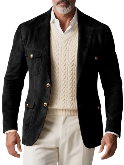 1970s Men's Suede Blazer Retro Slim Fit Two Buttons Multi Pocket High Quality Jacket Fashion Casual Sport Coat For Daily Wear