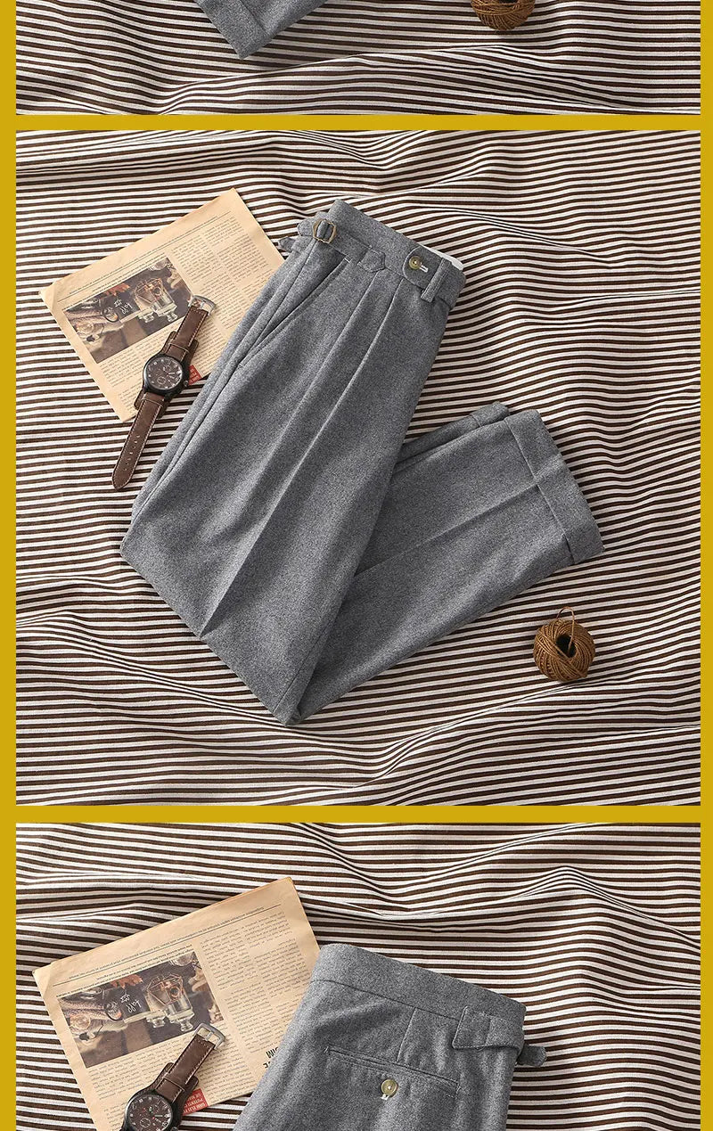2026 Spring Light Flannel Loose Straight Casual Pants with Italian Parisian Button Adjustment - Customizable Men's Suits