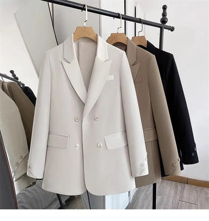 Women Blazers 2025 New Spring Autumn Loose Casual Suit Jackets Double Breasted Suit Collar Fashion Chic Cuff Design Female Tops