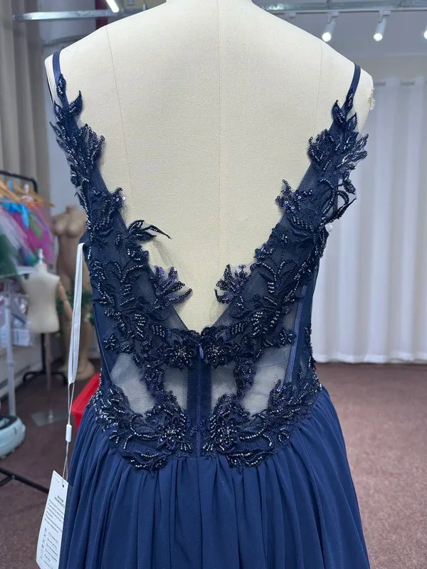 Navy Blue A Line Evening Dresses 2025 Elegant Beaded Appliques Illusion Prom Gowns Formal Party Vestido De Gala