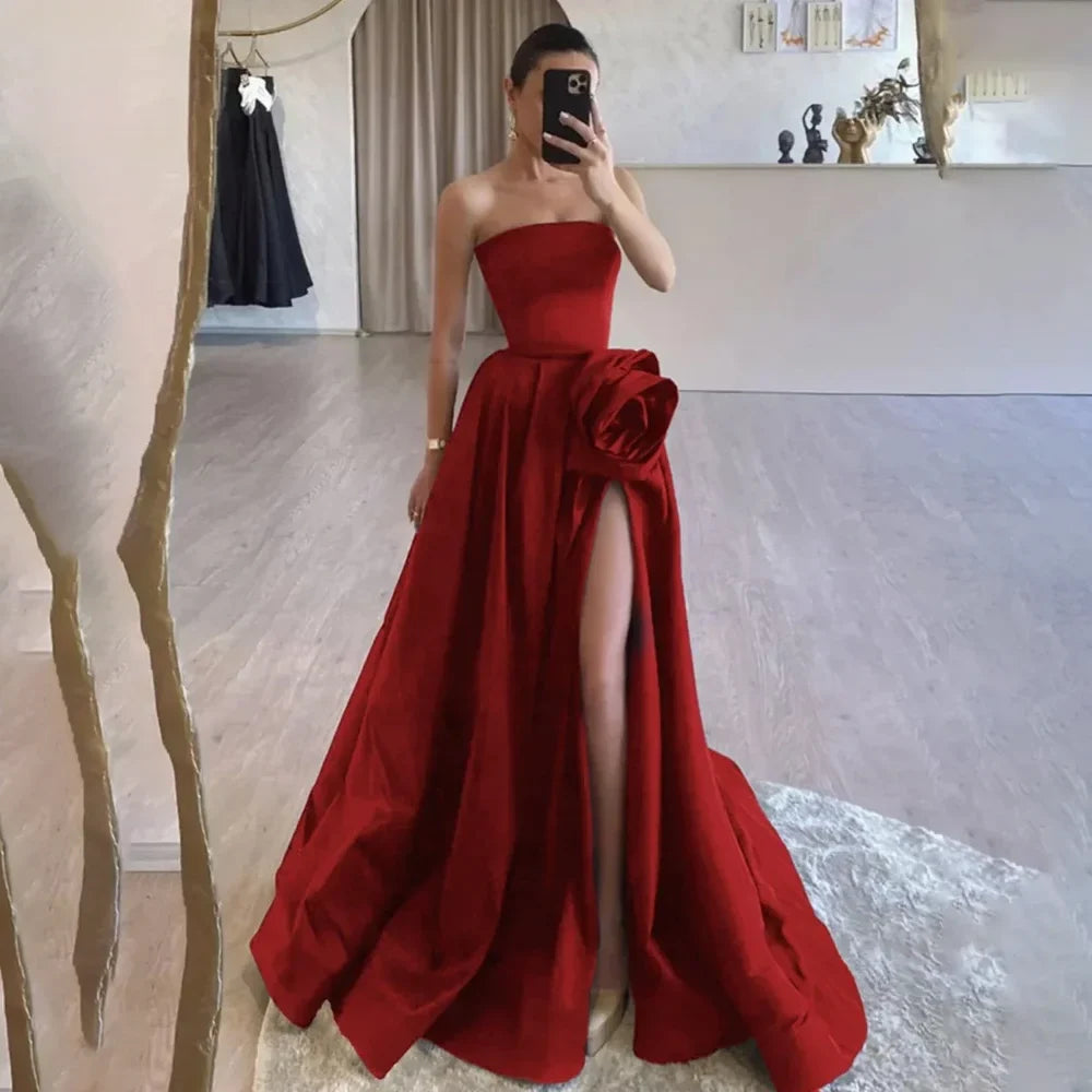 Simple Black A-Line Formal Dresses Stain Pleats Split Party Dress For Wedding Strapless Special Occasion Dress Customized