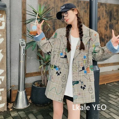 Women's Blazer Jacket 2025 Spring Autumn Fashion Graffiti Printed Ladies Lattice Suit Coat Casual Korean Version Lady Outerwear