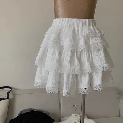 Korean Style Sweet Ruffle Mini Skirts Women Lolita Kawaii Casual Pleated Short Skirt Elegant Cute White Layered Skirt