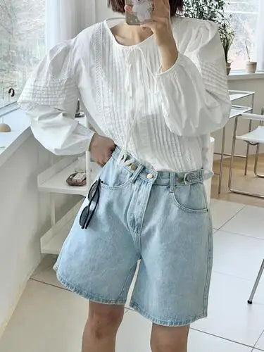 New 2024 Summer Denim Shorts For Women High Waist Sky Blue Color Wide Leg Loose Buttons Streetwear Loose Jean Shorts Women