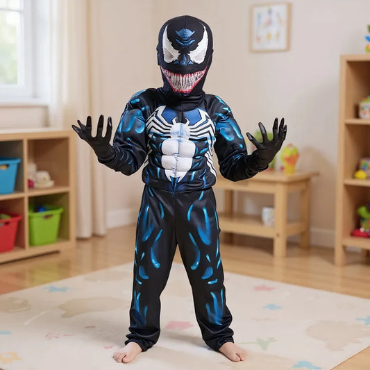 Kids Superhero Costume Spider Mask Jumpsuit Halloween Party Role Play Cosplay Outfit for Boy Girls 3-12Y with Black Gloves