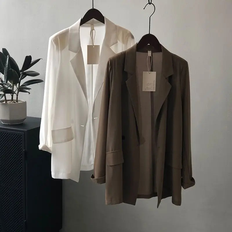 All-match Turn-down Collar Solid Color Pockets Button Chiffon Cardigan Shirt Coats Formal Women's Clothing Spring Summer Tops