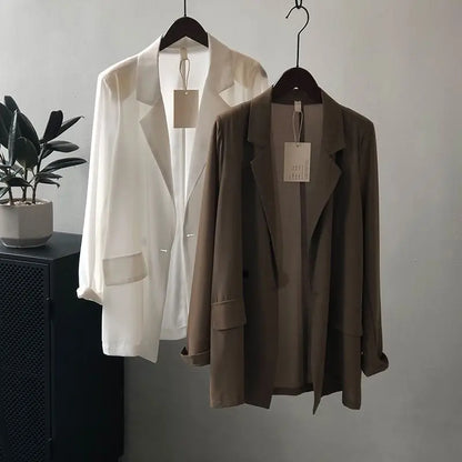 All-match Turn-down Collar Solid Color Pockets Button Chiffon Cardigan Shirt Coats Formal Women's Clothing Spring Summer Tops