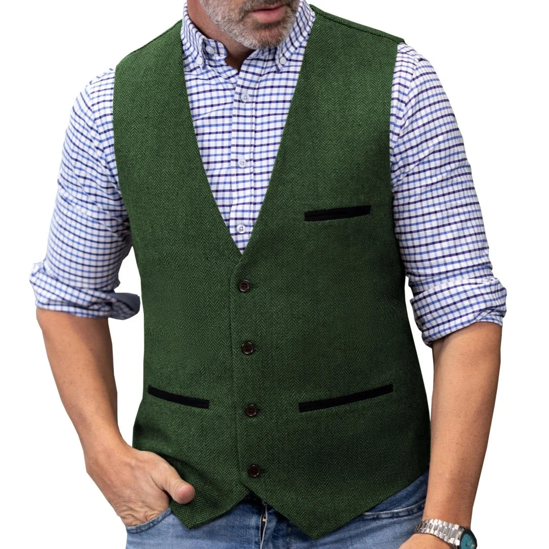 Men Vest Brown V Neck Single ButtonTweed Casual Business Waistcoat For Wedding Party Banquet Prom Work Men Suit Vest
