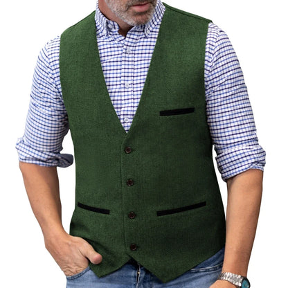 Men Vest Brown V Neck Single ButtonTweed Casual Business Waistcoat For Wedding Party Banquet Prom Work Men Suit Vest