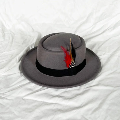 NEW Vintage Pork Pie Hat Mens Rolled Brim Felt Fedora Hat with Feather Gentleman Trilby Jazz Hats