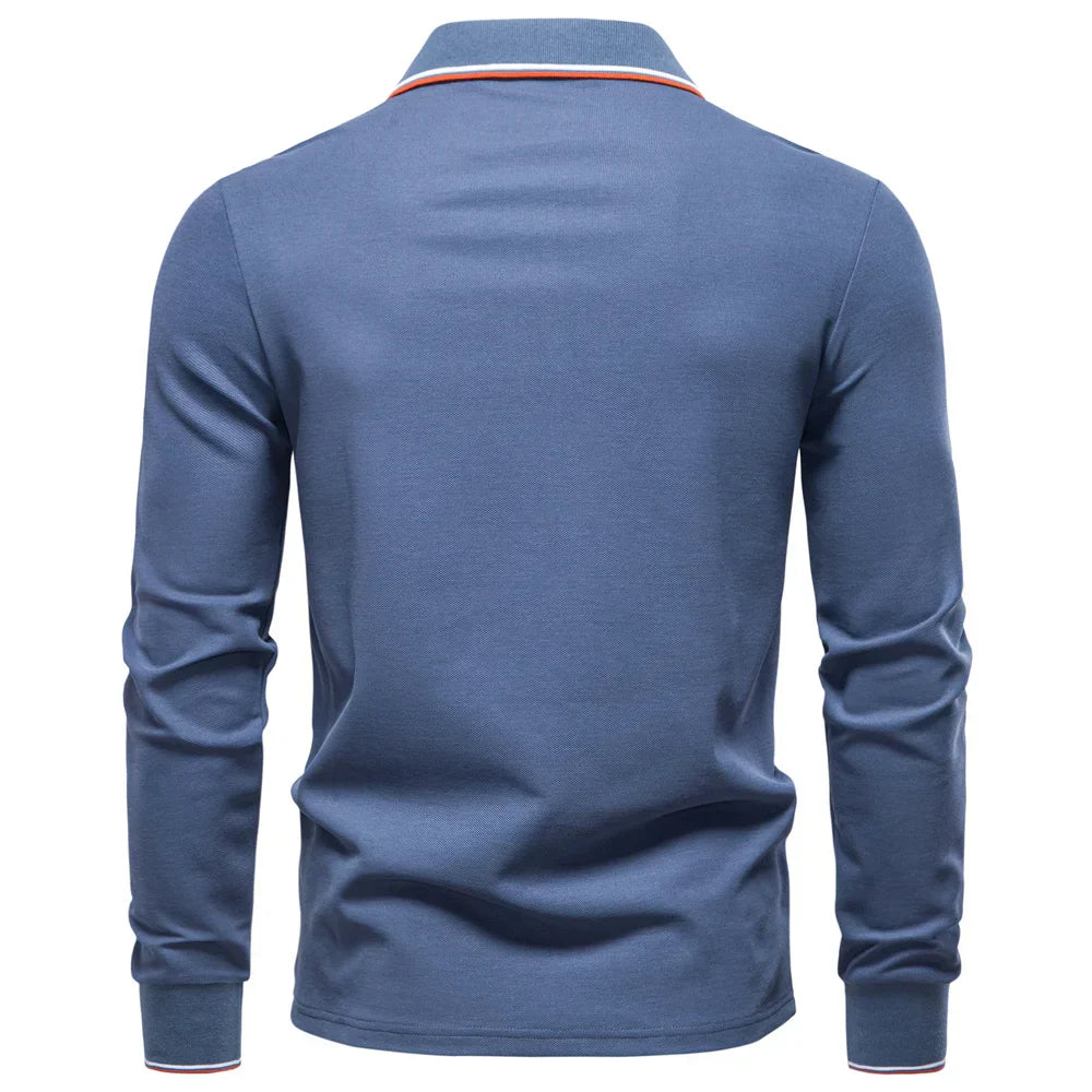 Men's Henley Neck Polo Shirt Cotton Solid Color Long Sleeve Autumn Winter Premium Luxury Mens Top