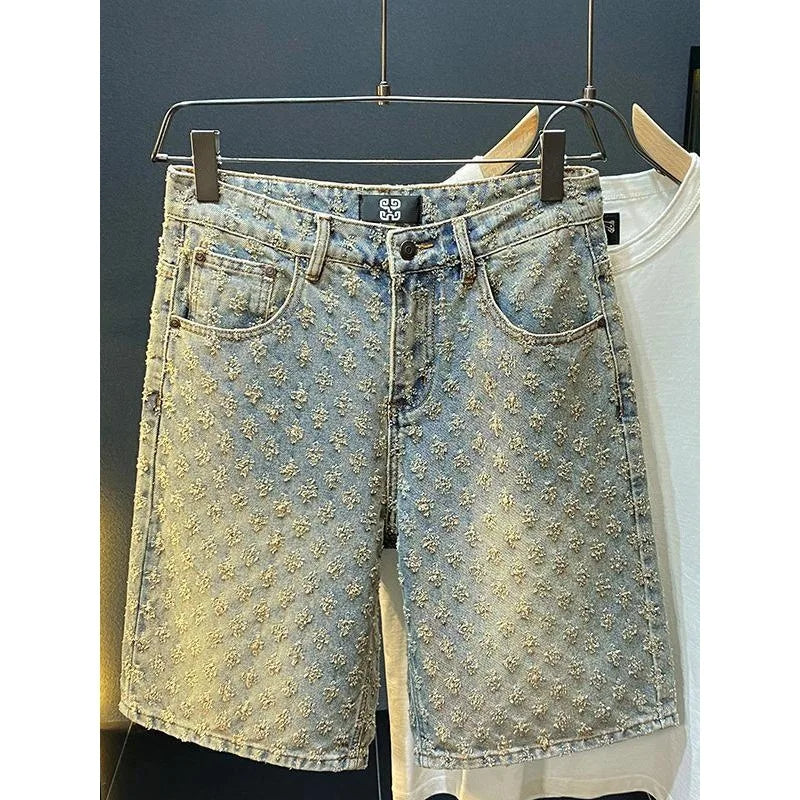 American Y2K Light Luxury Quality Retro Denim Shorts Summer Hip Hop INS Men Loose Shave Jacquard Couple Denim Five Point Pants