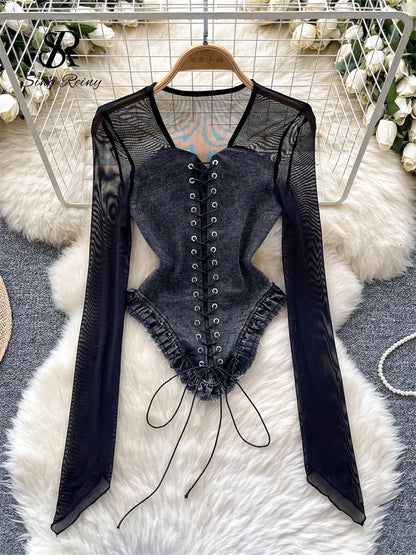 American Retro Patchwork Sexy Blouse 2024 Women Squre Neck Long Sleeves Sheer Top Streetwear Ins Lace Up Denim Shirt
