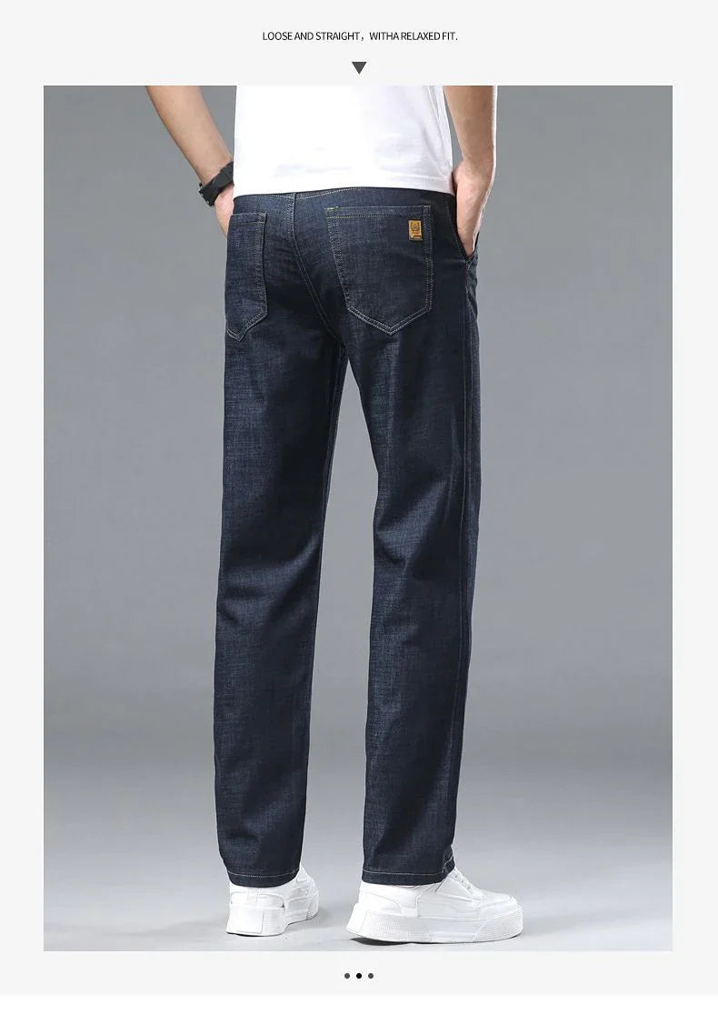 Light blue classic business jeans, fashionable breathable denim elastic pants, black blue men's straight leg jeans, sizes 28-40