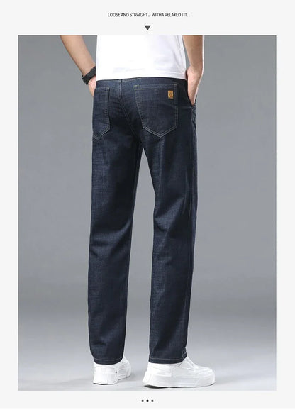 Light blue classic business jeans, fashionable breathable denim elastic pants, black blue men's straight leg jeans, sizes 28-40