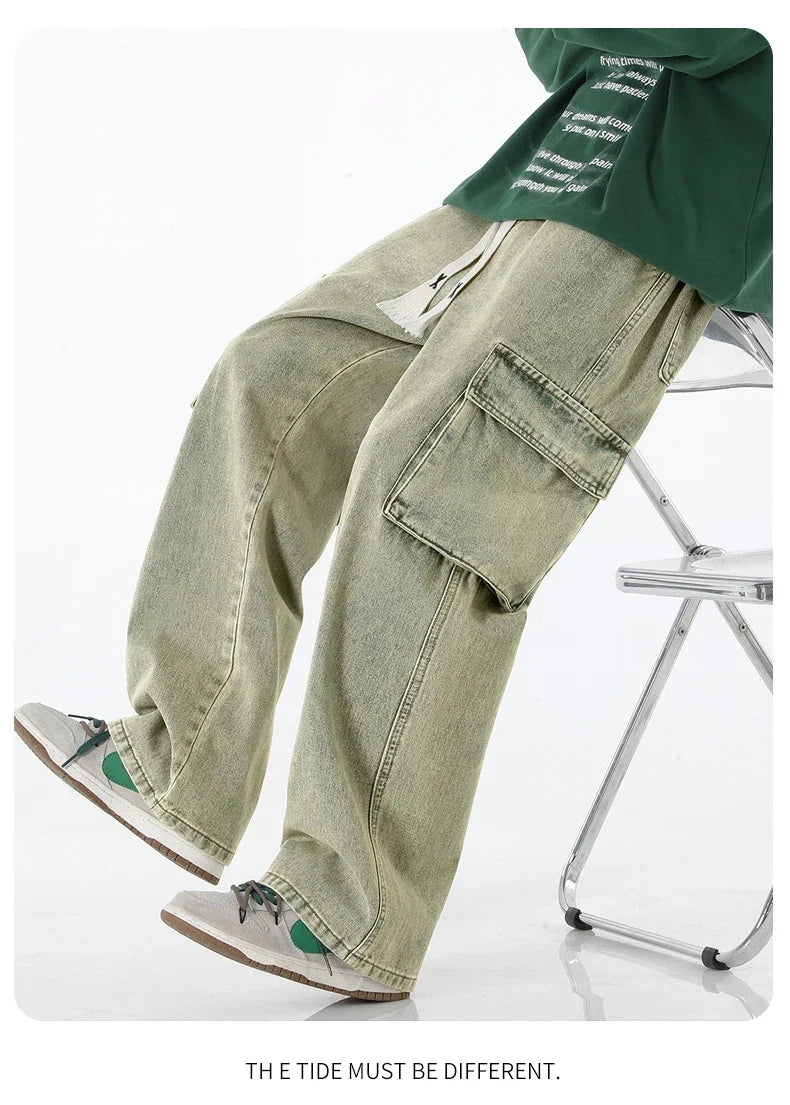 2024 New Men Baggy Cargo Jeans Fashion Streetwear Vintage Wide Leg Pants American Streetwear Y2K Big Pocket Youth Overalls