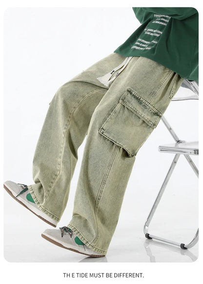 2024 New Men Baggy Cargo Jeans Fashion Streetwear Vintage Wide Leg Pants American Streetwear Y2K Big Pocket Youth Overalls
