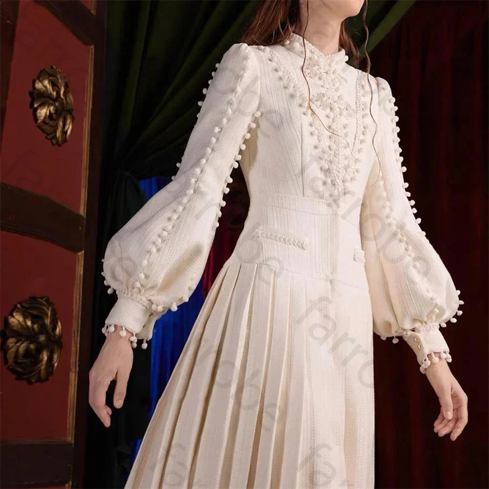 Customized Elegant High Neck Long Sleeves Evening Dress A-line Button Party Gown Ankle-Length Dresses Gala for Special Occasion
