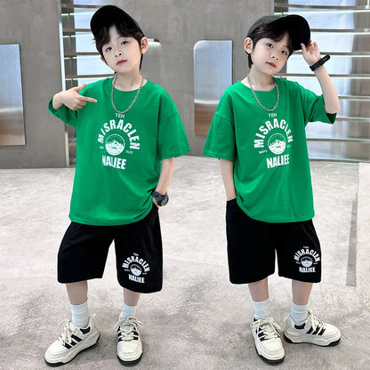 Summer Boys Cotton Leisure Print T-Shirt Top+Shorts Pant Contrast Set School Kids 2PCS Tracksuit Children Vacation Outfit 5-16Yr