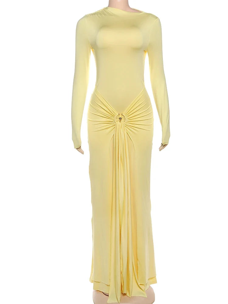 Ruched Elegant Maxi Dress Women Daily Casual Fashion Skinny Full Sleeve Solid Gown Midnight Prom Party Long Bodycon