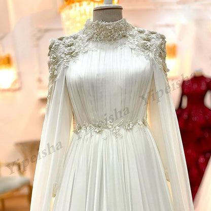 Charming Wedding Dress Bridal Gowns Long Sleeves High Neck 3D Flowers Applique Pearls Chiffon A Line Bride Dresses  Cape