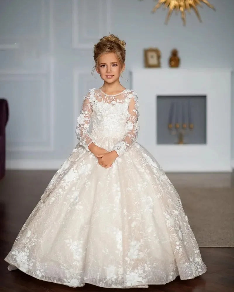 White Flower Girl Dresses for Wedding Floral Lace Appliques Floor Length Princess Kids Birthday Party Communion Party Gown