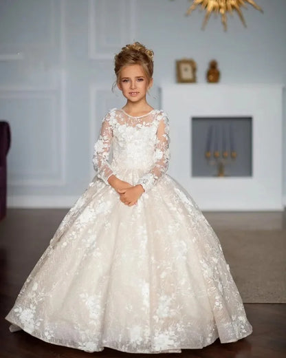 White Flower Girl Dresses for Wedding Floral Lace Appliques Floor Length Princess Kids Birthday Party Communion Party Gown