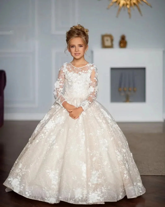 White Flower Girl Dresses for Wedding Floral Lace Appliques Floor Length Princess Kids Birthday Party Communion Party Gown