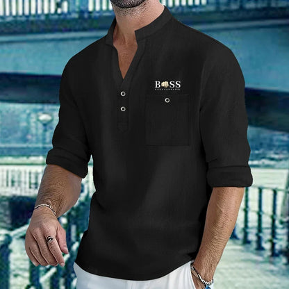 Men Mandarin Collar Long Sleeve Henley Cotton Linen Shirt With Chest Pocket Breathable Lightweight Beach Travel Daily Casual Top