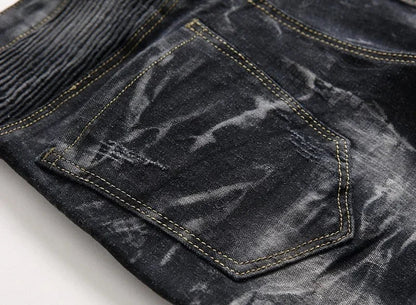 Zipper Pocket Retro Nostalgic Jeans Men's New Style High Street Motorcycle Fashion Stretch Slim Straight Denim Trousers Male