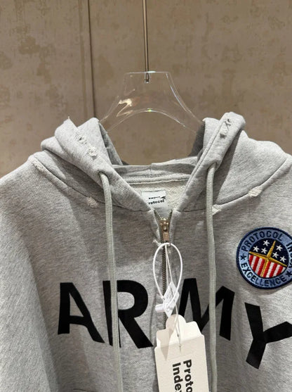 2026 Patchwork ARMY Vintage Damaged Cardigan Pullover Men Women Best Quality Hoodie
