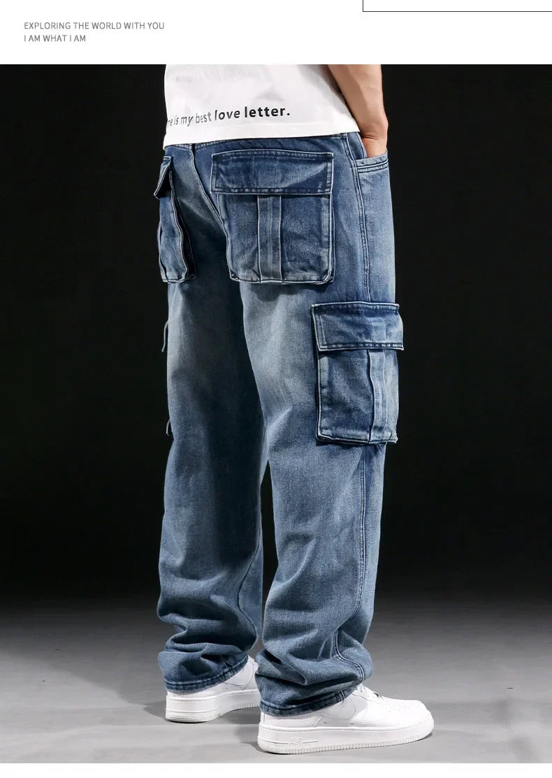 New Men's Fashion Multiple Pockets Loose Jeans Casual Denim Straight Pants Male Hip Hop Wide Leg Cargo Trousers Streetwear