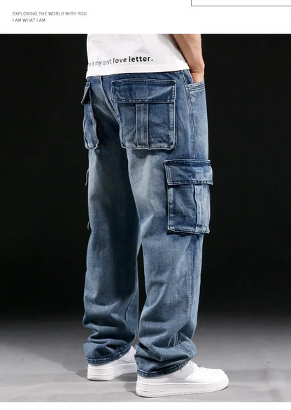 New Men's Fashion Multiple Pockets Loose Jeans Casual Denim Straight Pants Male Hip Hop Wide Leg Cargo Trousers Streetwear