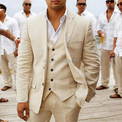 3 piece Beige Linen Wedding Tuxedo for Groomsmen Summer Man Suits with Notched Lapel Custom Casual Man Fashion Costume