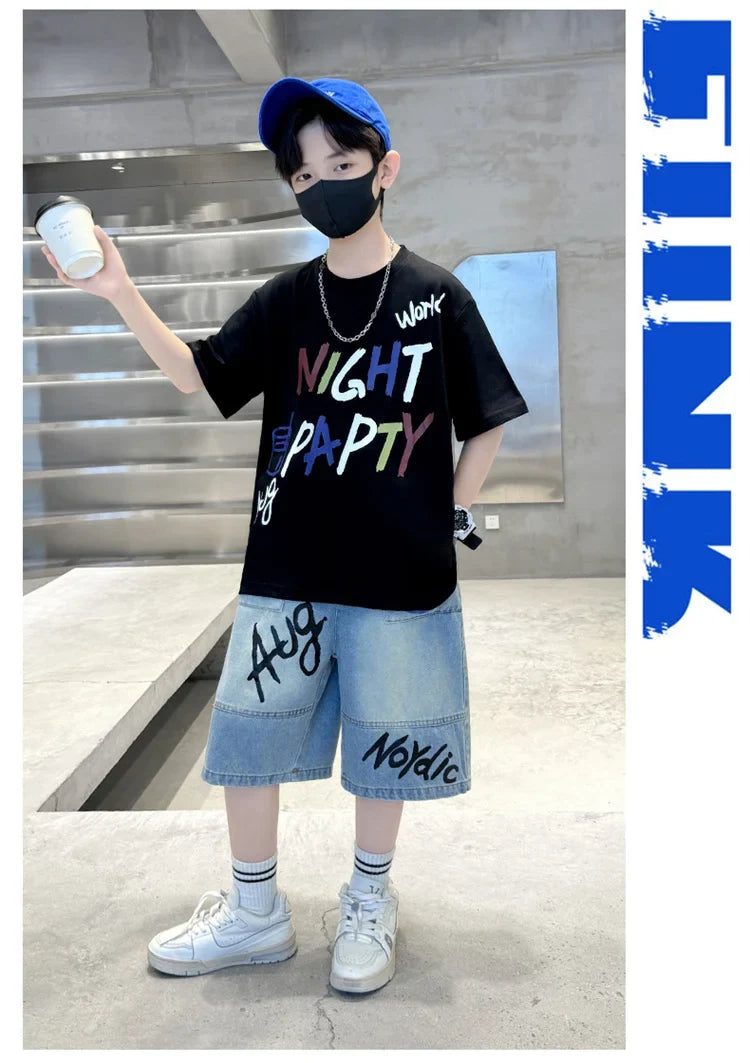 Luxurious Boys Set Summer Outfit Suit Age 5 6 7 8 9 10 11 12 13 14 Years Child Clothing Set Kids Letter T-shirt and Denim Shorts