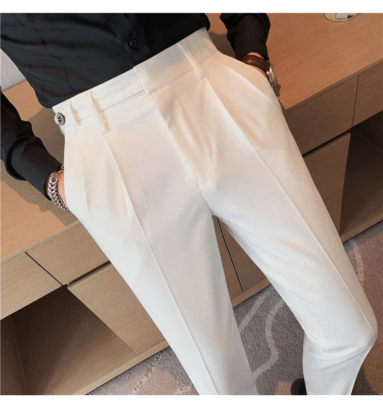 Autumn Winter High Quality Solid Casual Pants Men Belt Design Slim Fit Trousers Formal Office Business Social Party Suit Pants