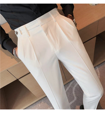 Autumn Winter High Quality Solid Casual Pants Men Belt Design Slim Fit Trousers Formal Office Business Social Party Suit Pants