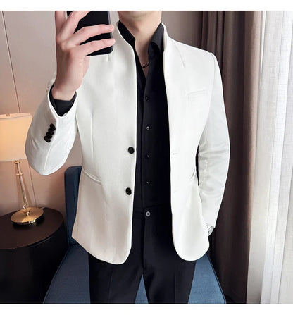 New Waffle Chinese Stand-Up Collar Blazers Men Slim Fit Business Casual Fashion Suits Jacket Formal Social Prom Party Tuxedos