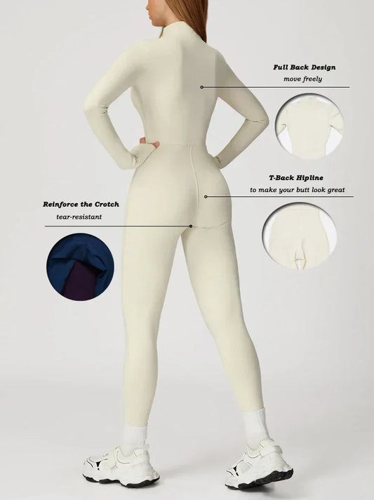 VITALINOVO Women Fleece Lined Workout Jumpsuits Long Sleeve Zip Up Yoga Romper Winter Warm Thermal One Piece Bodycon Bottom Pant