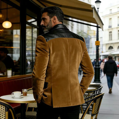 Men's Camel Velvet Blazer with Leather Patchwork Slim Fit Formal Casual Tuxedo Jacket Two-Tone Business Suit Coat